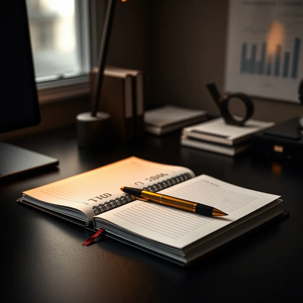 Minimalist dark office desk with professional financial jour