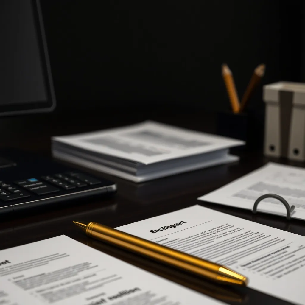 A minimalist dark office desk with professional financial do