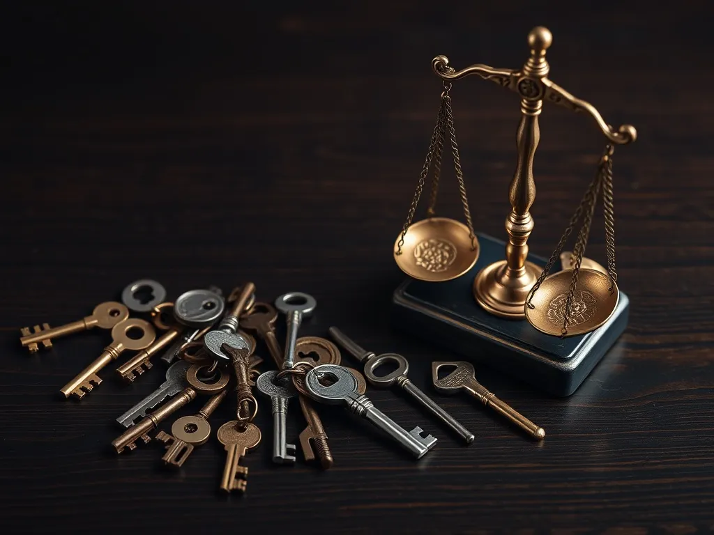 A collection of antique keys and a balance scale on a dark w