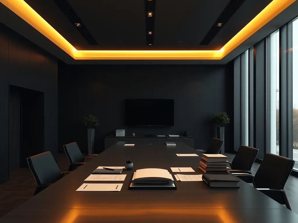 Dark minimalist office with premium documents, golden lighti
